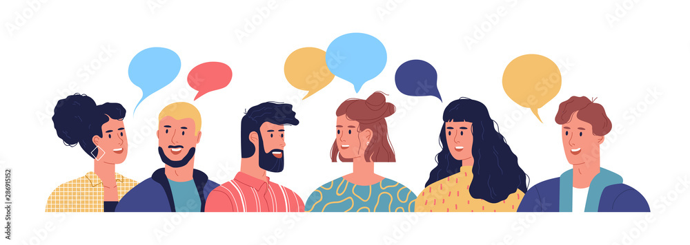 Diverse young people talking with chat bubbles