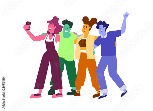 Happy young friends hugging and taking selfie