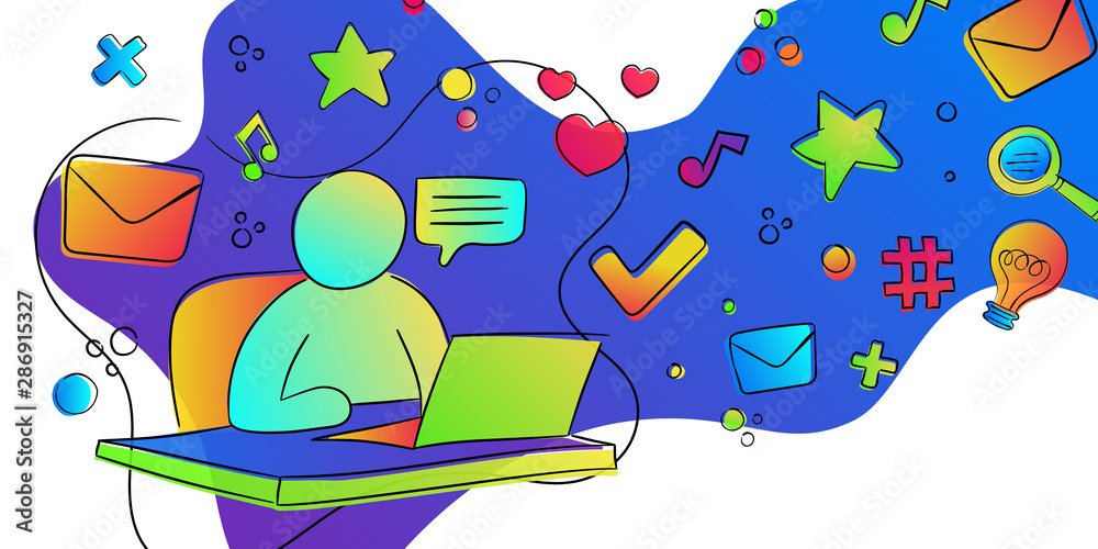 Naklejka premium Man on laptop computer social media concept