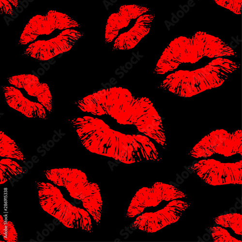 Vector red seamless pattern on black background. Lips prints