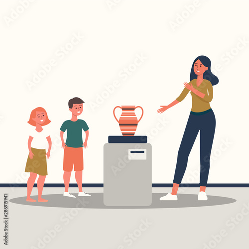 Cartoon family at a museum looking at a vase