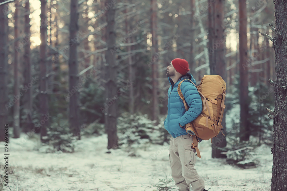 tourist view from the back / a man with a backpack goes through the winter forest, view of the outgoing tourist view from the back / a man with a backpack goes through the winter forest, view of the outgoing