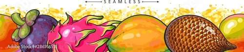 Hawaiian or tropical fruits seamless pattern border bright vector illustration.
