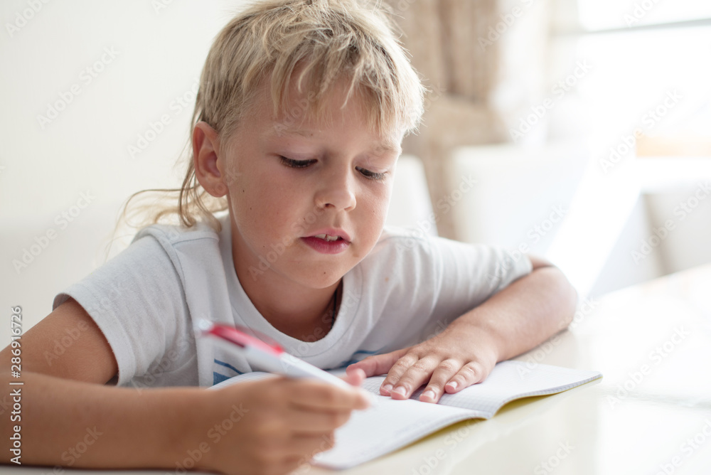 lifestyle portrait of a boy doing homework. back to school concept. lifestyle portrait of a boy doing homework. back to school concept.