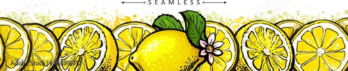 Fresh juicy tropical lemon fruit, seamless border and frame, pattern and background.