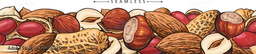 Nuts and peanuts, almonds and hazelnuts, seamless panoramic pattern and border.