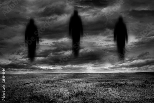 three shadow people in a field