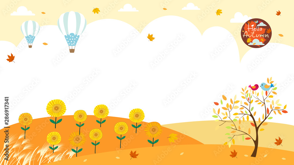 Cute cartoon Autumn landscape with copy space, Vector Hello Autumn with hot air balloons and yellow sunflowers field, Autumn or Fall for Banner, Sale, Card and template background 