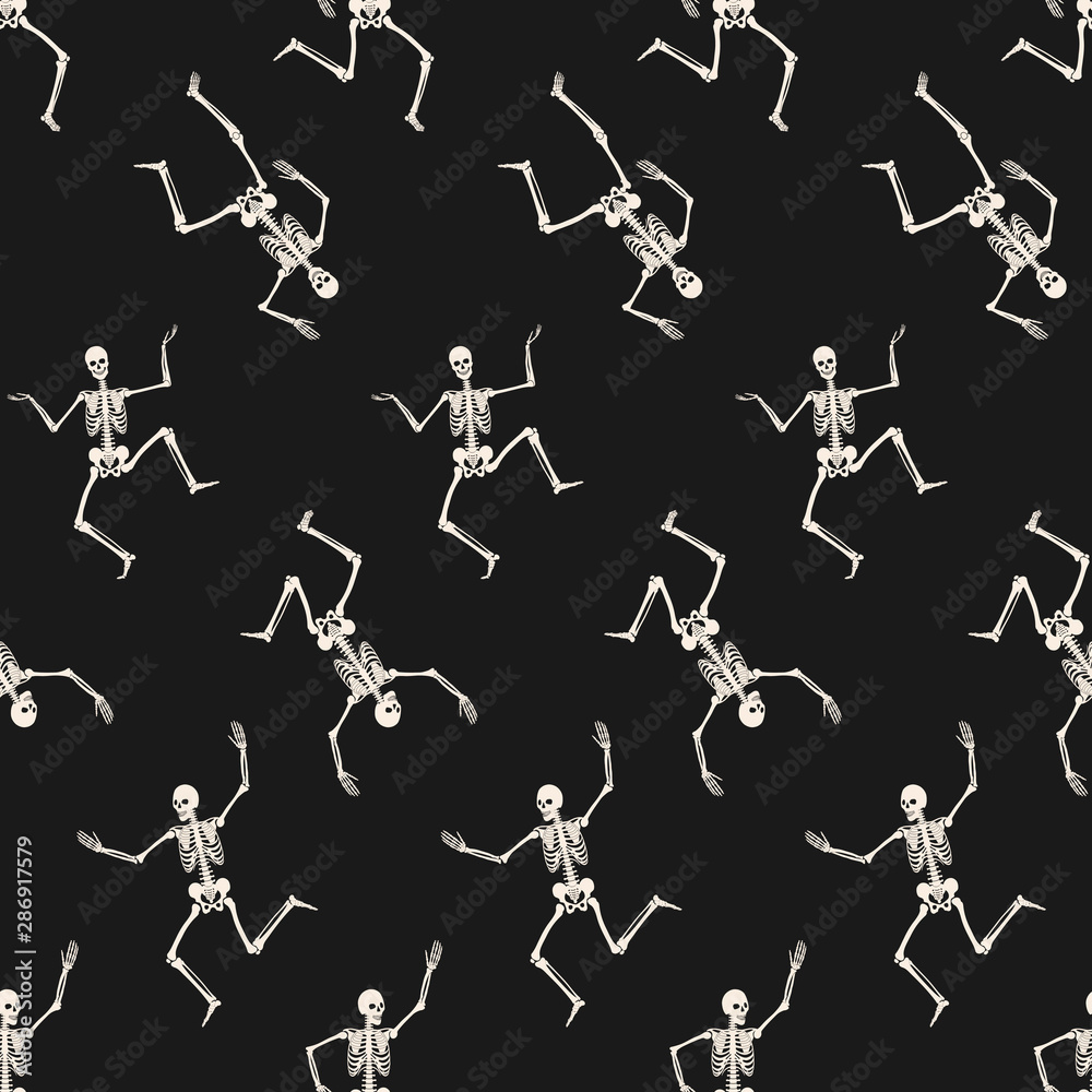 Halloween seamless pattern with dancing skeletons. Endless background, wallpaper, wrapping. Vector illustration on a black background. Halloween seamless pattern with dancing skeletons. Endless background, wallpaper, wrapping. Vector illustration on a black background.