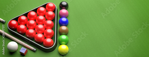 Snooker balls set on green felt, view from above. 3d illustration photo