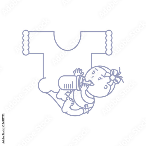 cute baby girl with bottle milk and clothes for baby