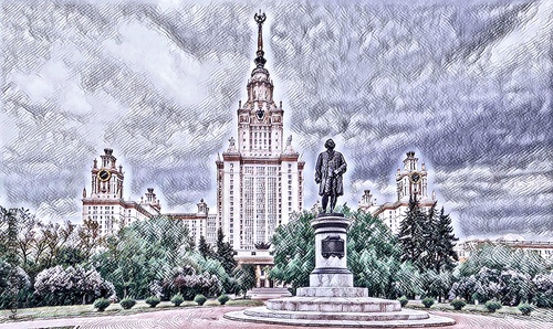 Digital wide angle painting of famous Russian university