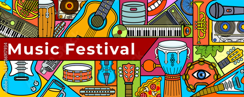 Music festival banner. Music instruments. Colorful music background. Vector illustration