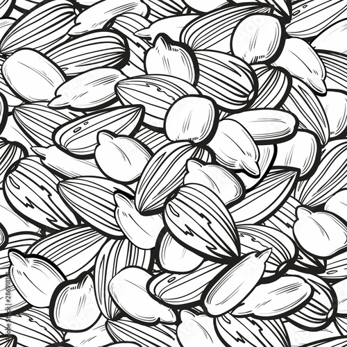 Black and white nut and seed seamless pattern - hand drawn background for food themed coloring book