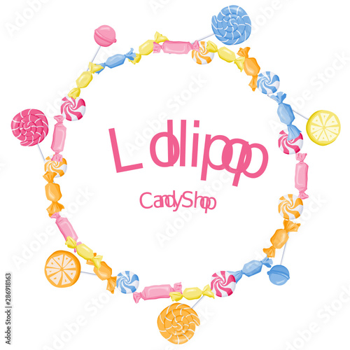 Candies, lollipop circle frame composition vector illustration