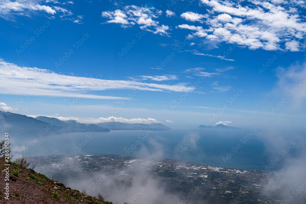 Panoramic view of Naples Gulf from Mount Vesuvius, Italy, selective focus