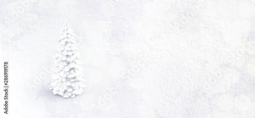 White gypsum or stucco christmas tree on white snow. New Year's minimalist concept, panoramic mock up