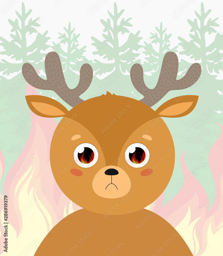 Sad deer with big eyes in which the flame is reflected. Vector illustration on the theme of Wild Fire. Sad deer with big eyes in which the flame is reflected. Vector illustration on the theme of Wild Fire.