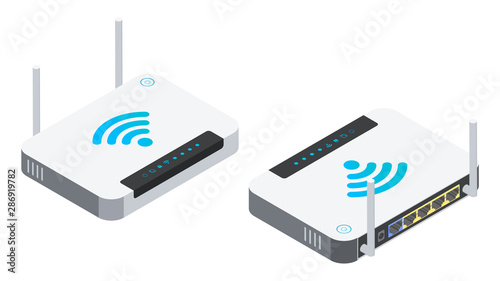 Isometric wi-fi router with two antennas isolated on white background. High speed network technology. 3D vector illustration