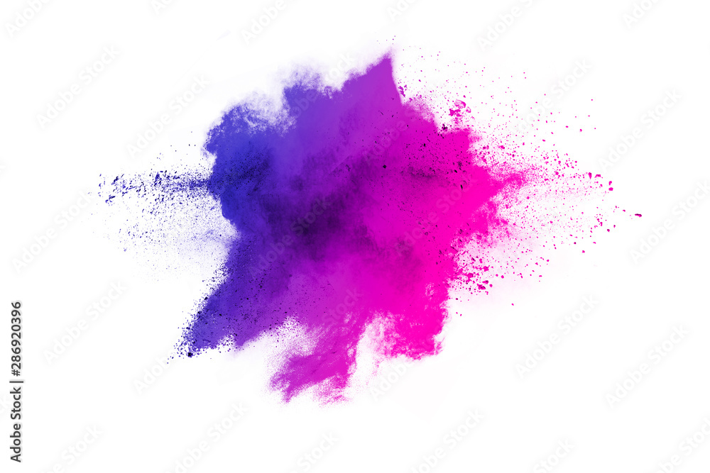 Obraz Freeze motion of purple color powder exploding on white background.