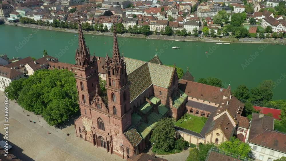 flight over basel city cathedral riverside summer day aerial panorama 4k switzerland flight over basel city cathedral riverside summer day aerial panorama 4k switzerland