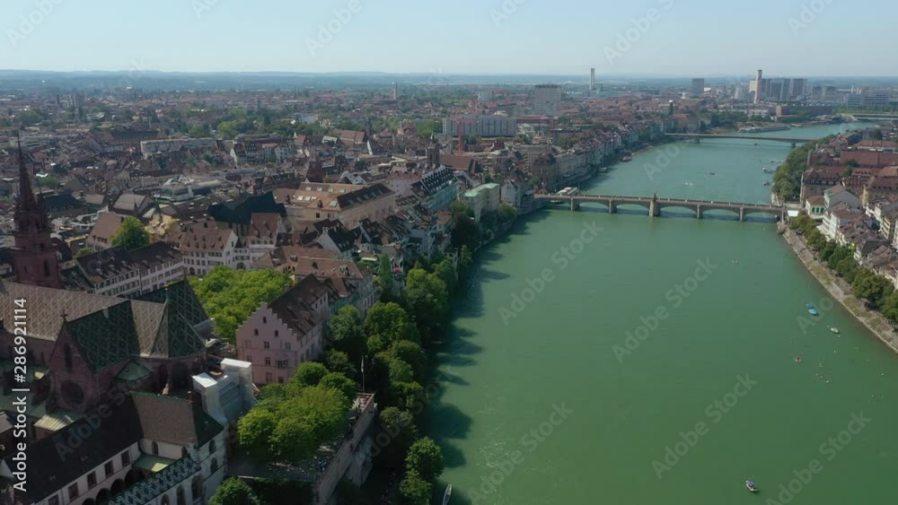 flight over basel cityscape summer day river traffic aerial panorama 4k switzerland flight over basel cityscape summer day river traffic aerial panorama 4k switzerland