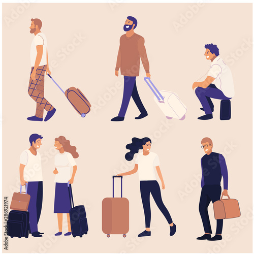 Men and women with suitcases . Travelers with bags go home. Man and woman carry baggage.