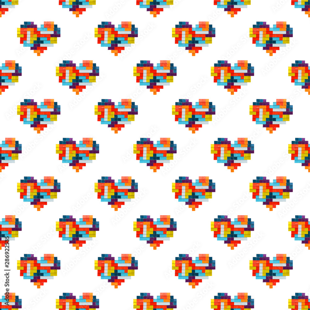 Multicolored mosaic hearts isolated on white background, seamless pattern