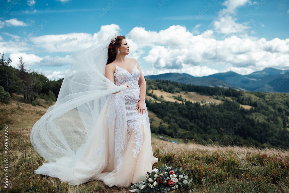 The bride stands and holds wedding bouquet of flowers and greens in her hands in the mountains, the dress and veil flutters in the wind. Elegant hairstyle and makeup. Sexy bride.