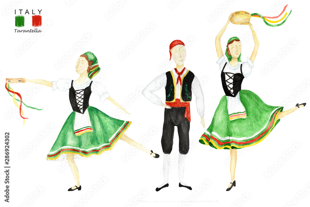Dancers in national costume an Italian tarantella with a tambourine on ...