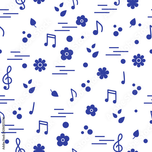 Seamless pattern of notes, flowers, leaves.