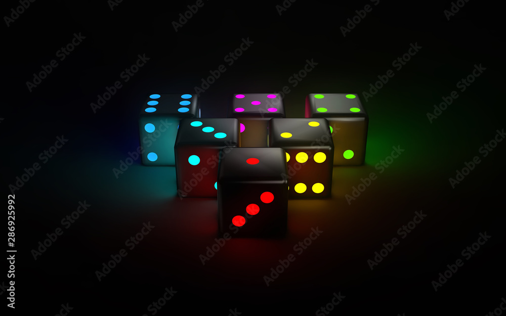 Dices With Futuristic Neon Lights On The Black Backgound - 3D Illustration Dices With Futuristic Neon Lights On The Black Backgound - 3D Illustration