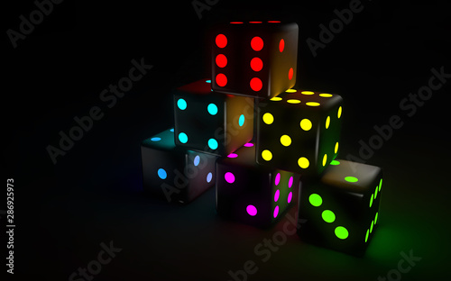 Dices With Futuristic Neon Lights On The Black Backgound - 3D Illustration