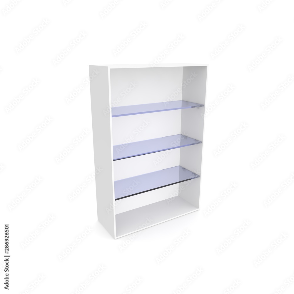 An empty showcase with blue glass shelves. White isolated background An empty showcase with blue glass shelves. White isolated background