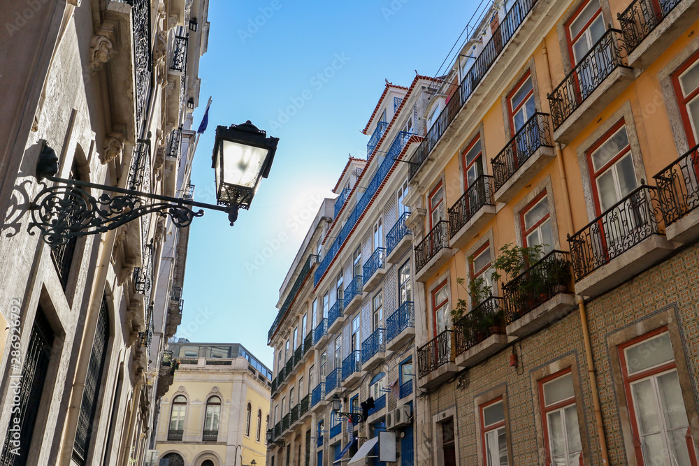 View to the Bairro Alto district in the historic center of Lisbon, traditional facades in the streets of the old town, Portugal Europe