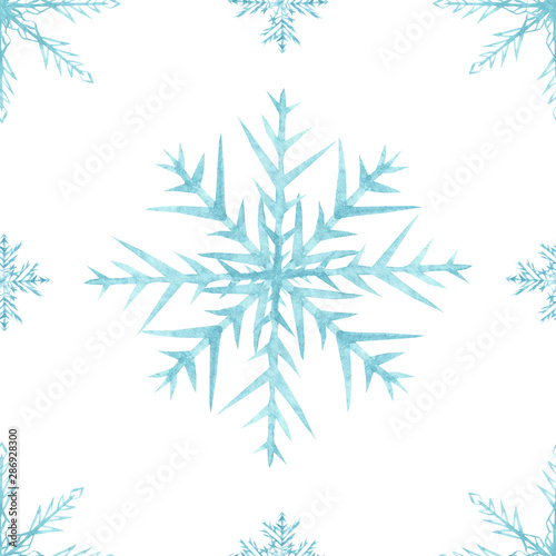 Watercolor hand painted winter snow frozen pattern with blue different snowflakes for texture isolated on the white background