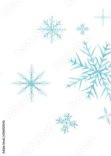 Watercolor hand painted winter frozen composition with different big and small blue snowflakes isolated on the white background for celebrate cards