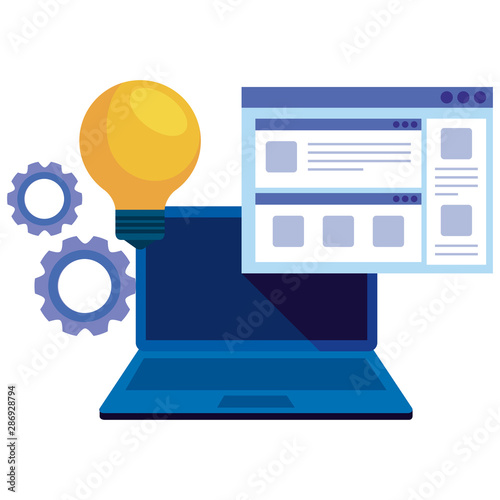laptop computer with webpage and bulb