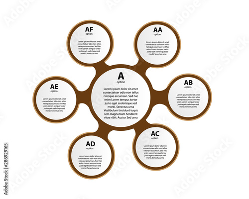 Six multicolored round elements with thin line icons inside placed around central circle. Cyclical diagram with 6 options concept. Modern infographic design layout. Vector illustration for brochure.