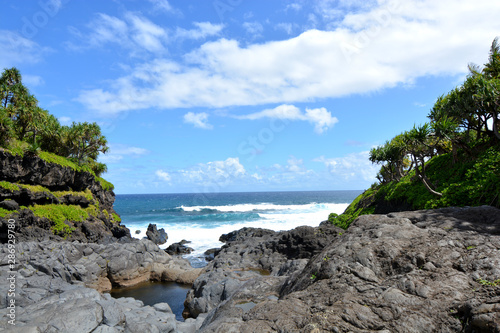 Volcanic rock beach in remote areas of an island