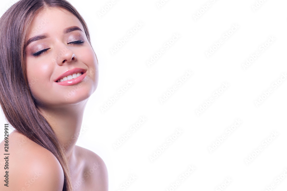 Beautiful girl with closed eyes and perfect skin, with a beautiful smile and clean white teeth. Beautiful girl with closed eyes and perfect skin, with a beautiful smile and clean white teeth.