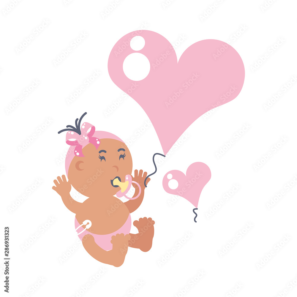 cute baby girl with pacifier and hearts love