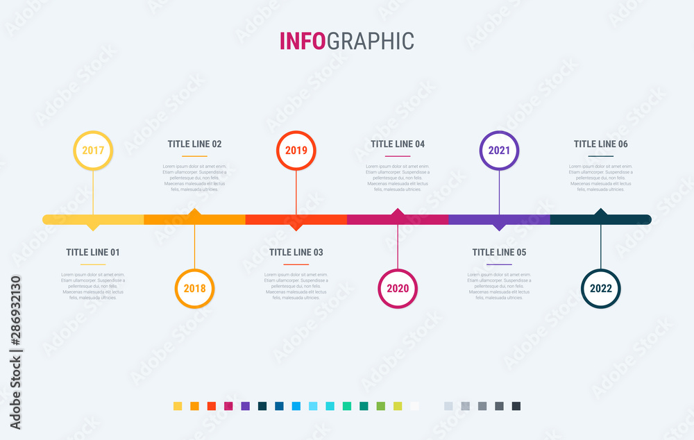 Abstract business circle infographic template with 6 steps. Colorful diagram, timeline and schedule isolated on light background.
