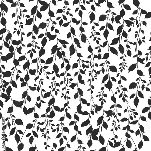 Birch leaf pattern background black on white color silhouette of a branch, botanical tree ornament seamless