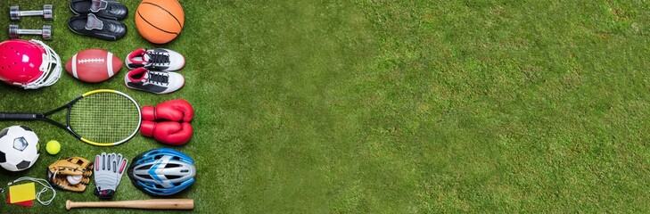 Various Sport Equipments On Grass