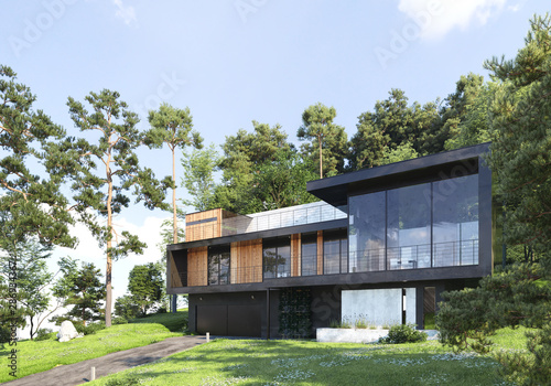 Modern house in forest, 3d render © artjafara