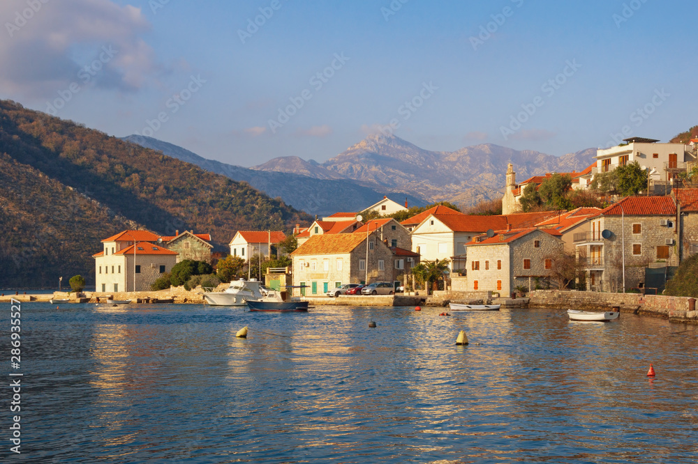 Beautiful Mediterranean landscape. Montenegro, Adriatic Sea, view of Bay of Kotor and Lepetane village