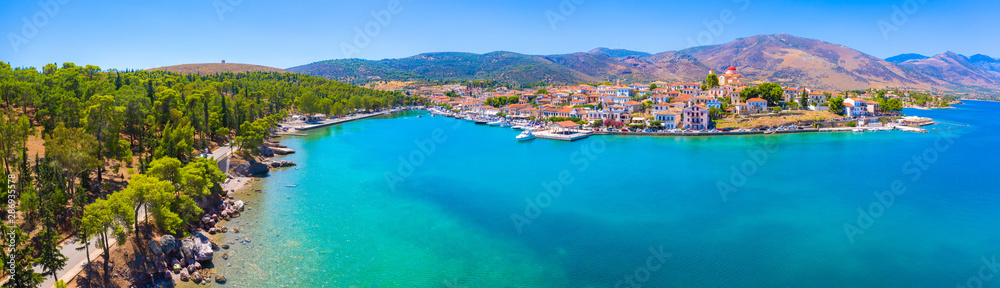 Scenic aerial view of Galaxidi village with colorful buildings, Greece