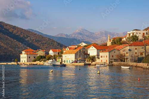 Beautiful Mediterranean landscape. Montenegro, Adriatic Sea, view of Bay of Kotor and Lepetane village © Olga Iljinich
