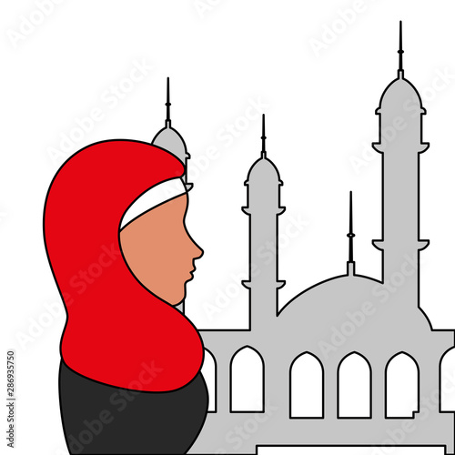 profile of islamic woman with traditional burka in mosque